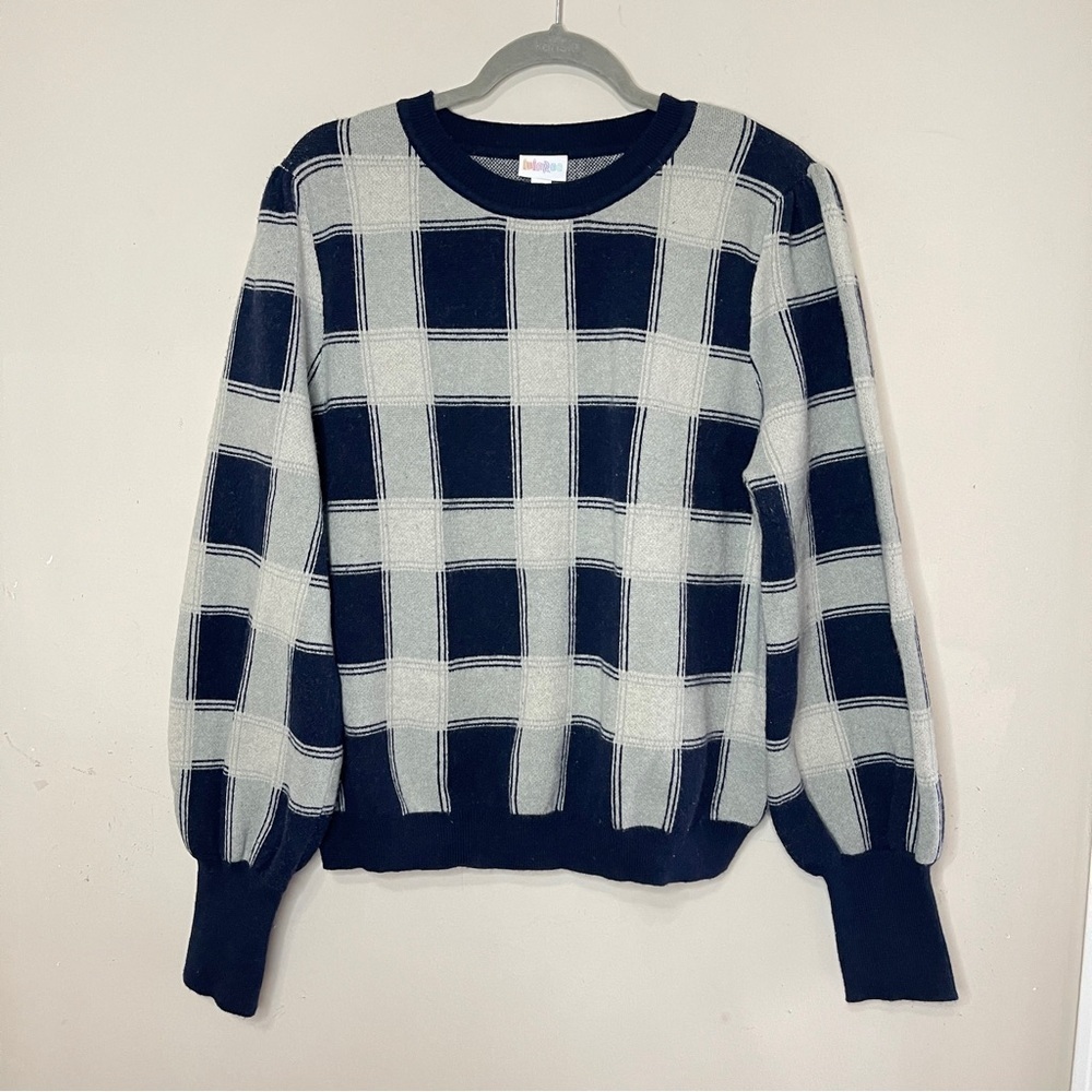 LULA ROE Navy & Gray Checkered Balloon Sleeve Crewneck Sweater, XL